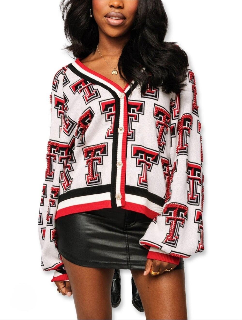 NEW Texas Tech NCAA Queen of Sparkles Repeating Beaded Double T Cardigan Sz. 3XL